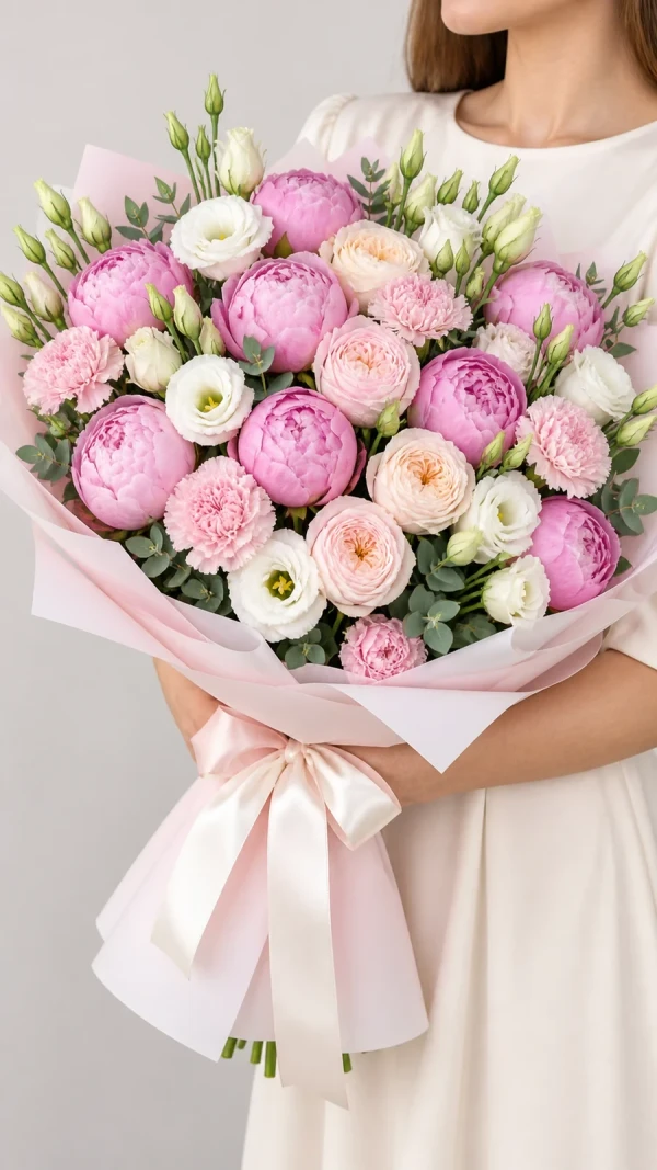 Шикарная композиция из пионовидных роз, лизиантусов, гвоздик и пионов «Янтарная Гармония»